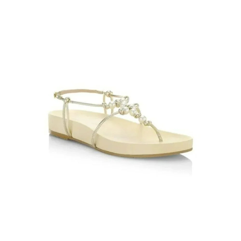 STUART WEITZMAN Pearl Knot Metallic Leather Flat Sandals Size 7 B MSRP $395